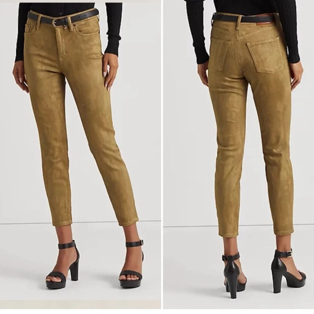 Ralph Lauren Metallic Gold High-Rise Stretch Skinny Ankle Jean Size 0/25 Nwt